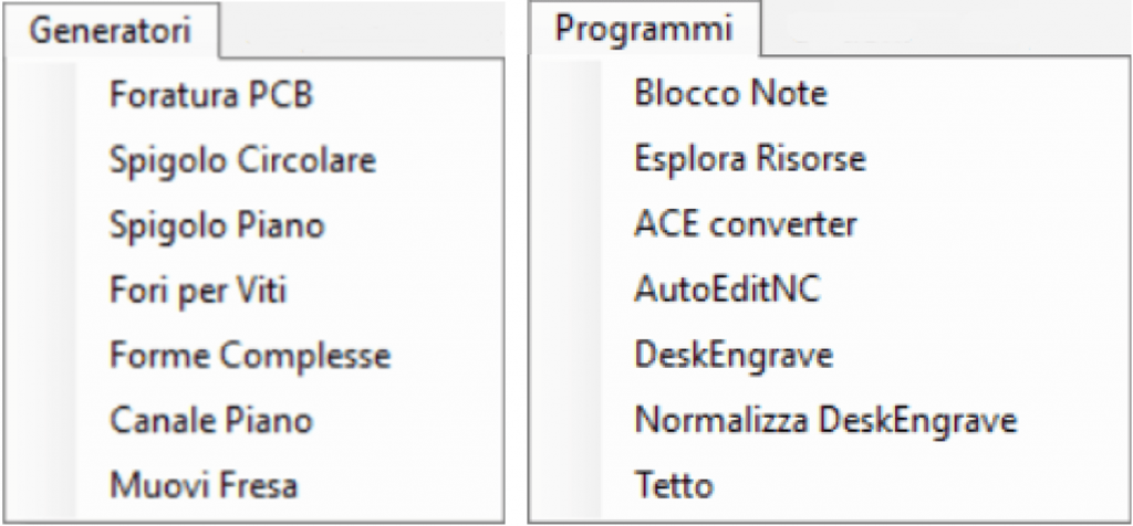 menu generatori cnc e menu programmi utente